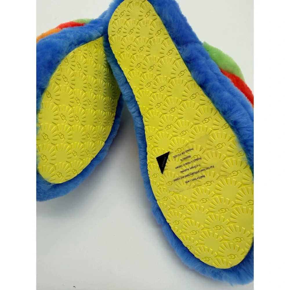 UGG Fluff Yeah Kids Rainbow Stripe Blue Faux Fur Slingback Summer Slides  Size 6